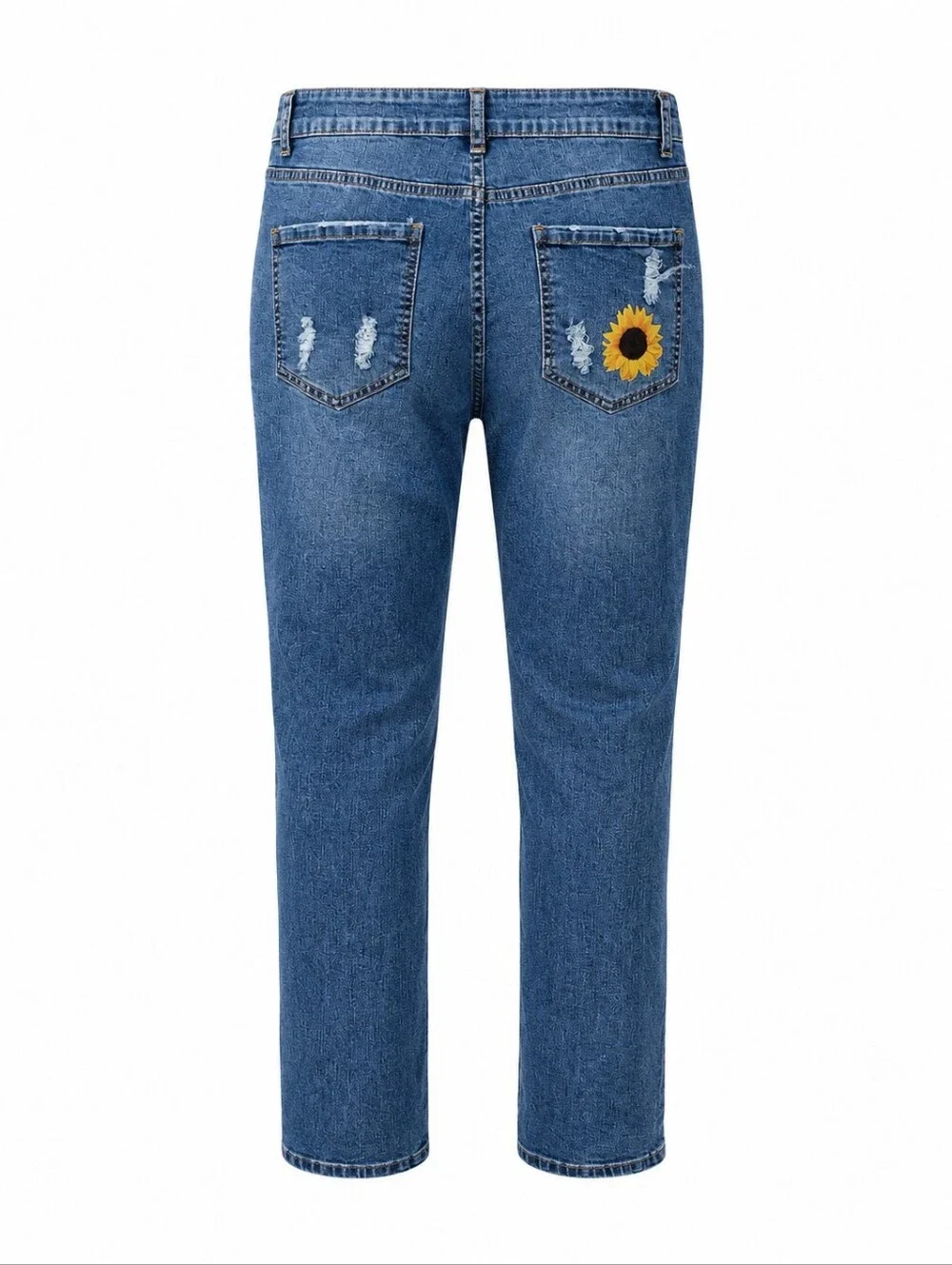Size 12 Lrg Distressed Boyfriend Jeans Sunflower Leopard Patchwork Stretch Denim - Picture 4 of 7